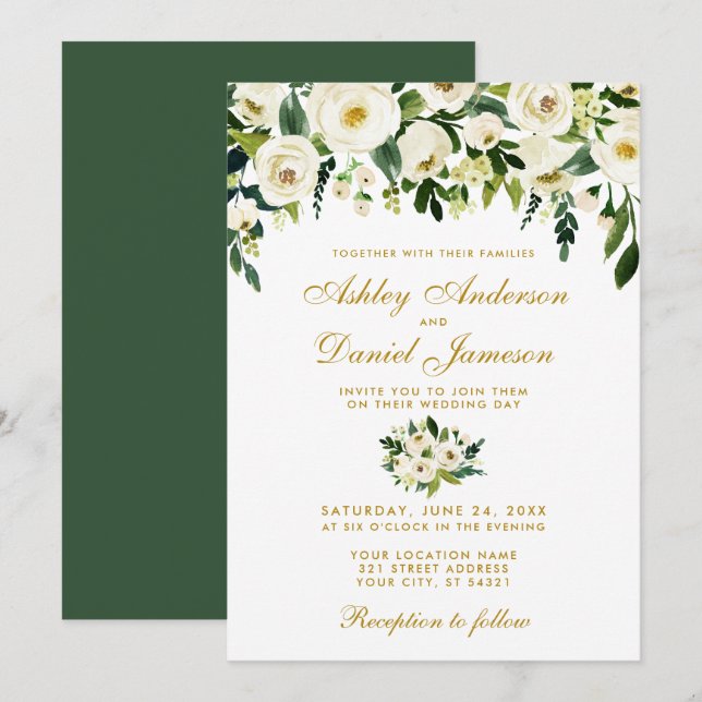 Aquarelle or Floral Vert Faire-part de mariage Go (Devant / Derrière)