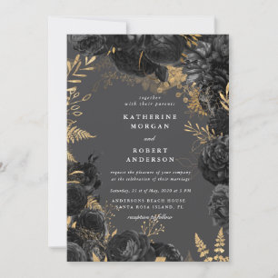 Aquarelle or noir Roses Faire-part de mariage