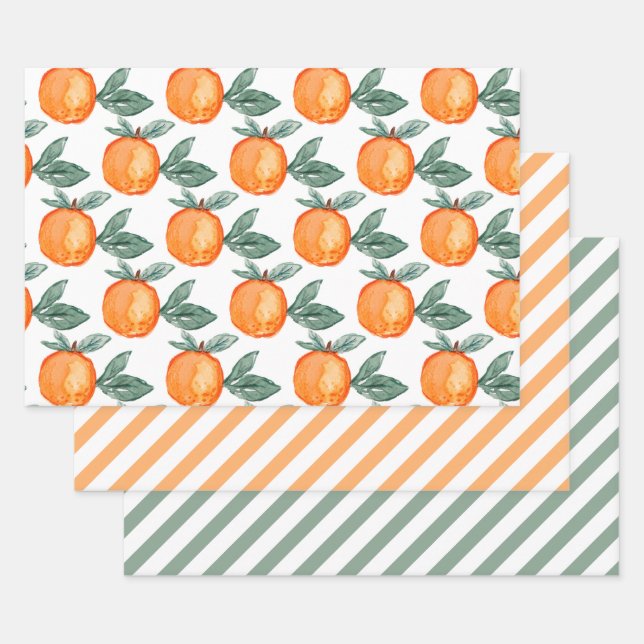 Aquarelle orange Citrus vert Feuille rayures (Lot)