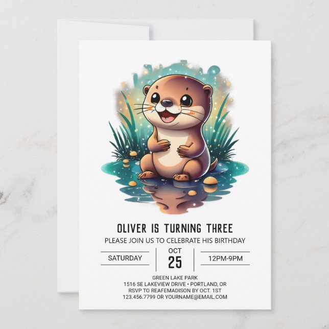 Aquarelle Otter Imaginaire Anniversaire Invitation (Devant)