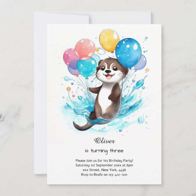 Aquarelle Otter Invitation Anniversaire (Devant)