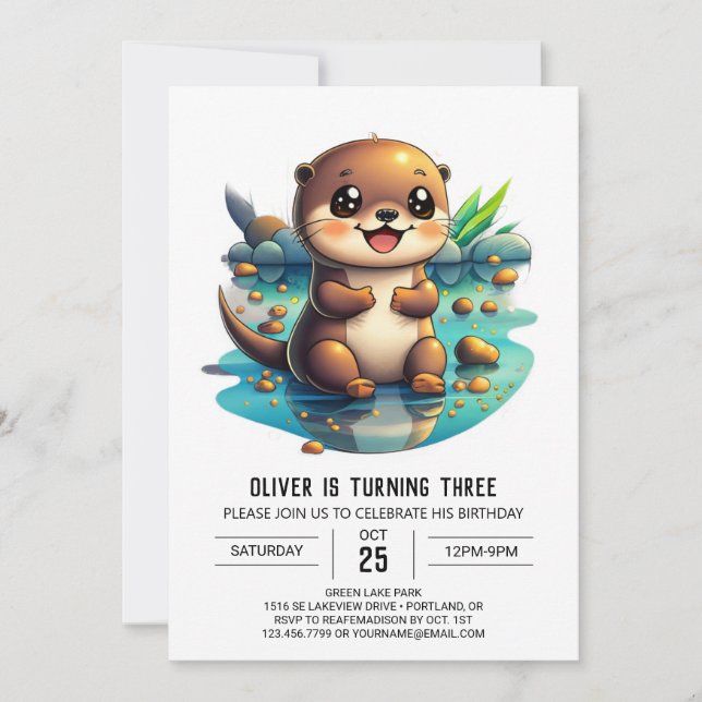 Aquarelle Otter Invitation Anniversaire (Devant)