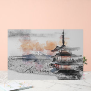 Aquarelle Pagode Japonaise & Mont Fuji