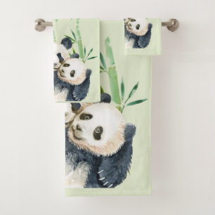 Aquarelle Panda Ours Maman & Bébé en Bambou