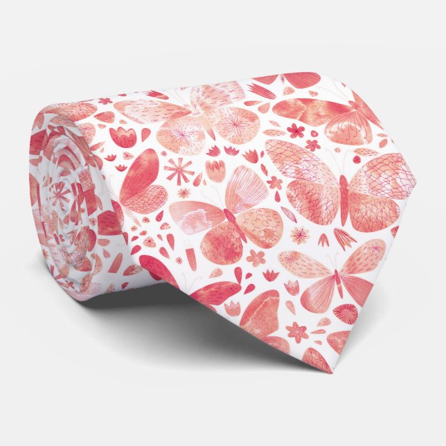 Aquarelle Papillon corail Cravate rose (Roulé)