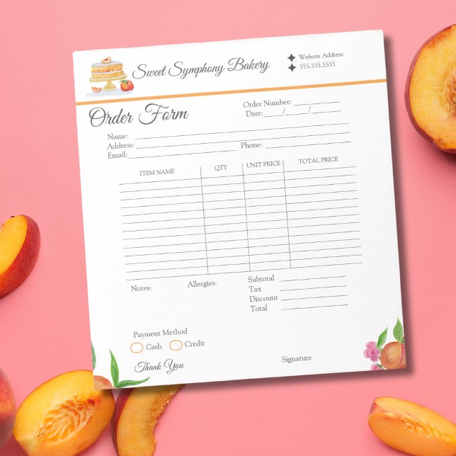 Aquarelle Peach Cake Bakery reçus Bloc-notes (Créateur téléchargé)