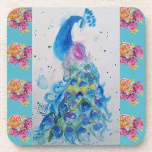 Aquarelle Peacock Blue Bird Aqua Dessous de verre 