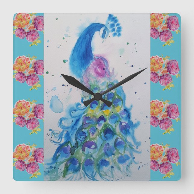 Aquarelle Peacock Blue Bird Aqua Rose Horloge (Recto)