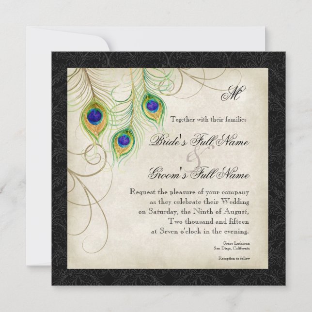 Aquarelle Peacock Feather Black Damask Invitation (Devant)