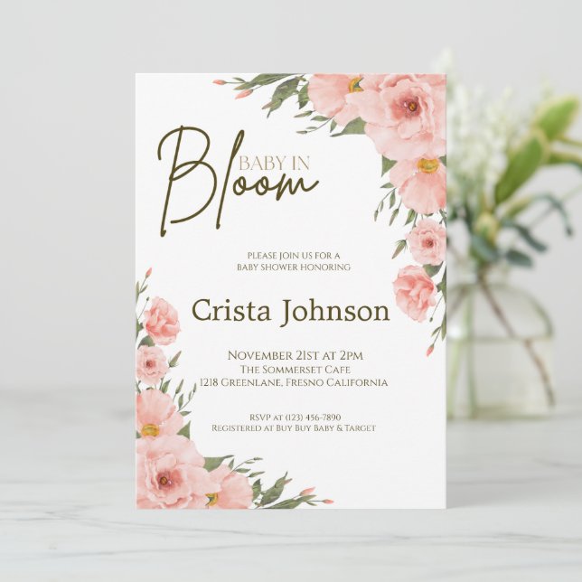 Aquarelle Pêche Baby shower Floral Invitation (Debout devant)