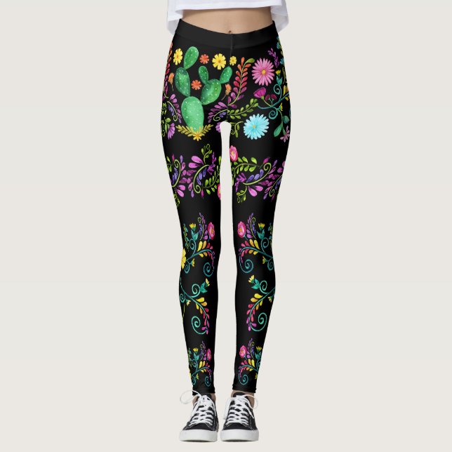 Aquarelle Peinte Mexicaine Fleurs Pop Leggings (Devant)
