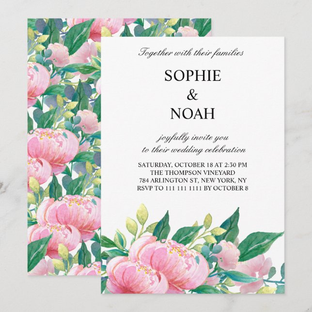Aquarelle Peonies Faire-part de mariage botanique (Devant / Derrière)
