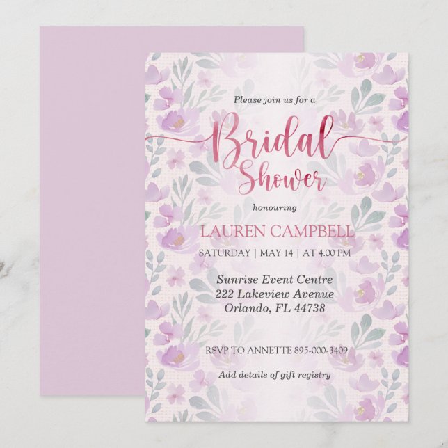 Aquarelle Peony Invitation rose et violet (Devant / Derrière)