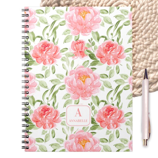 Aquarelle Peony Motif Floral Monogramme Carnet (Watercolor Peony Floral Pattern Monogram Notebook)