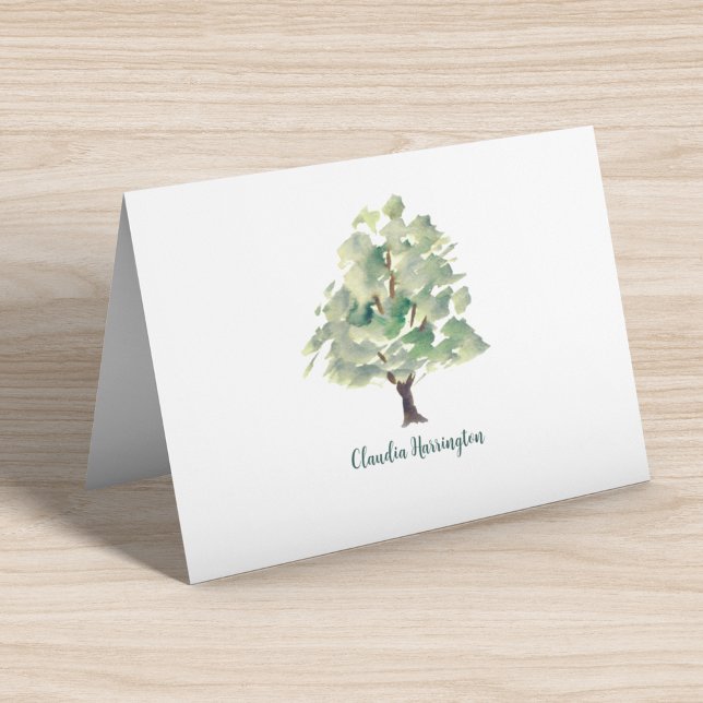 Aquarelle personnalisée en arbre vert peinte à la  (This all-occasion watercolor tree note card is hand-painted and unique in the world.)