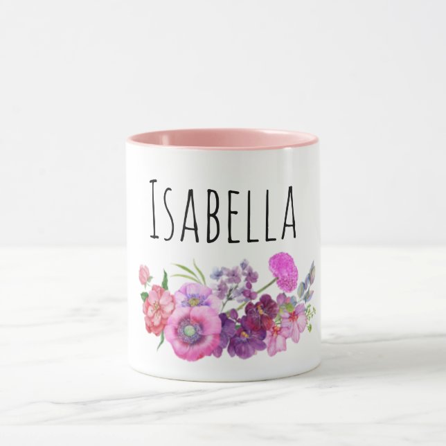 Aquarelle personnalisée rose Mug floral pour fille (Centre)