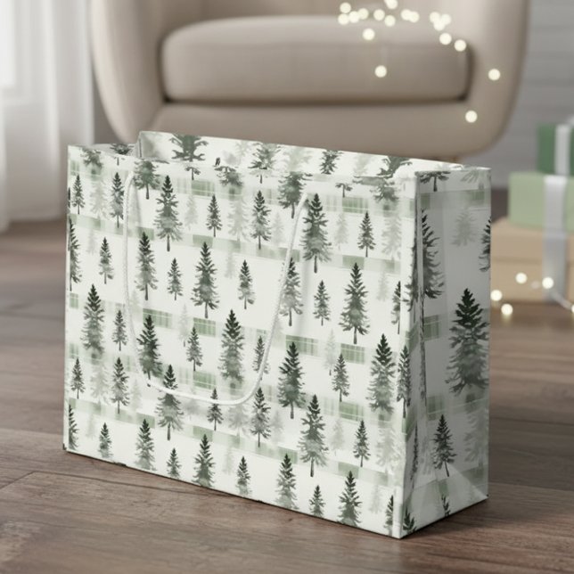 Aquarelle Pine Arbres Plaid Sac cadeau de Noël | S (Créateur téléchargé)