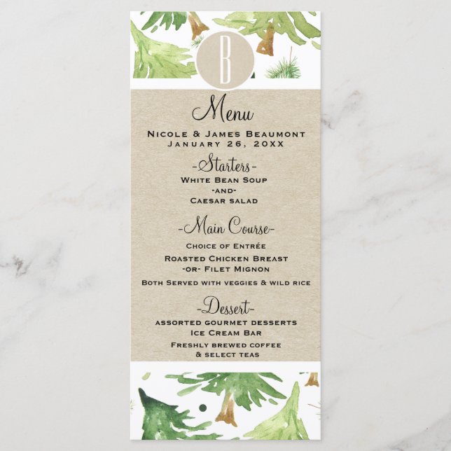 Aquarelle Pine Trees Rustique Kraft Menu Mariage (Devant)