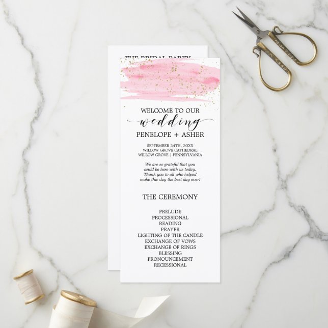 Aquarelle Pink Blush et Gold Wedding Programme (Devant/Arrière en situation)