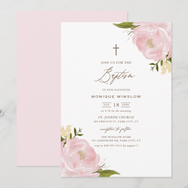 Aquarelle Pink Peonies Baptême Invitation (Devant / Derrière)