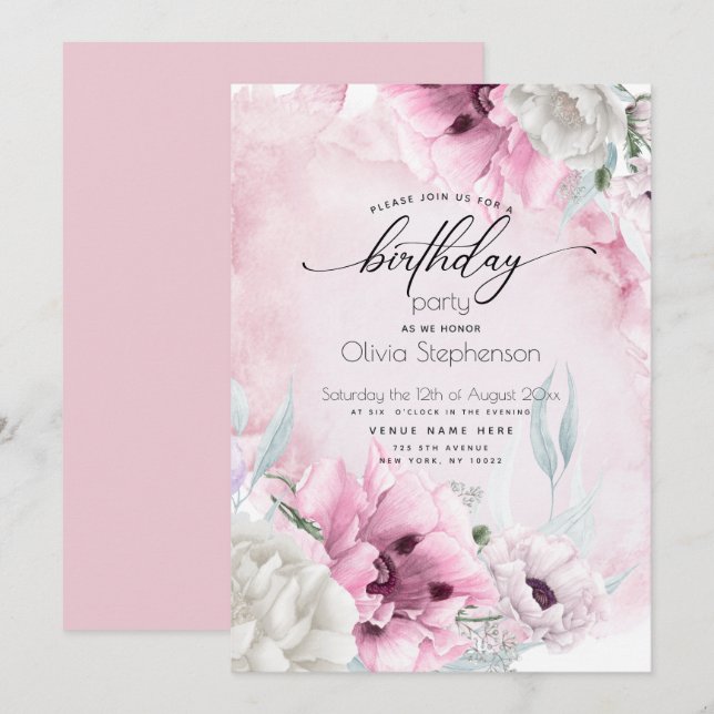 Aquarelle Pink Poppy Invitation de fête d'annivers (Devant / Derrière)