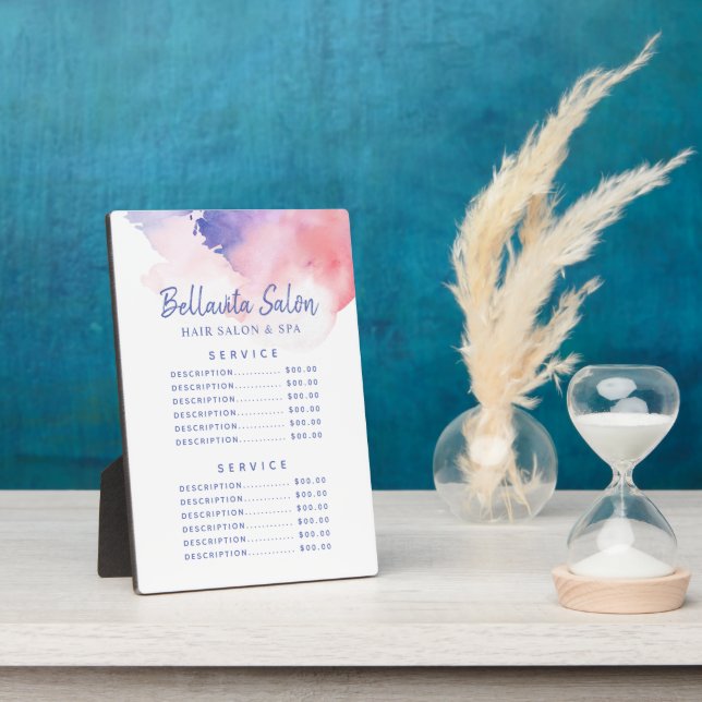 Aquarelle Pink Purple Salon Prix Menu Plaque (Côté)