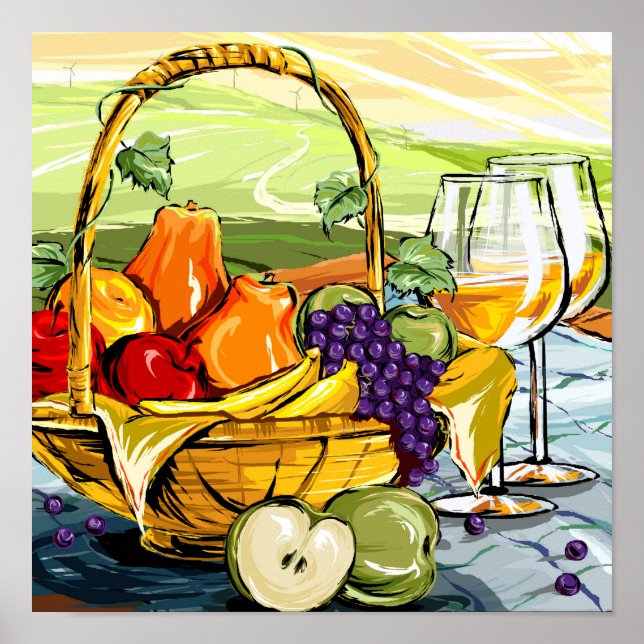 Aquarelle Pique-nique Panier de fruits et affiche  (Devant)