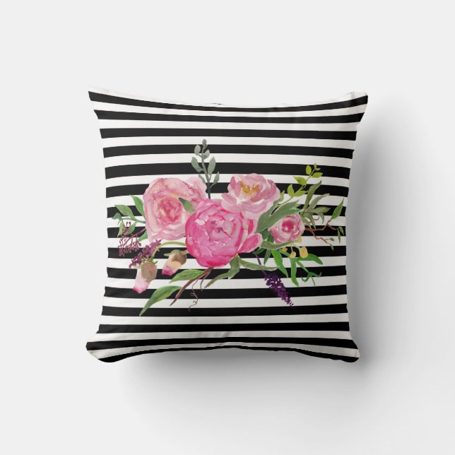 Aquarelle pivoines et rayures Coussin d'accentuati (Recto)