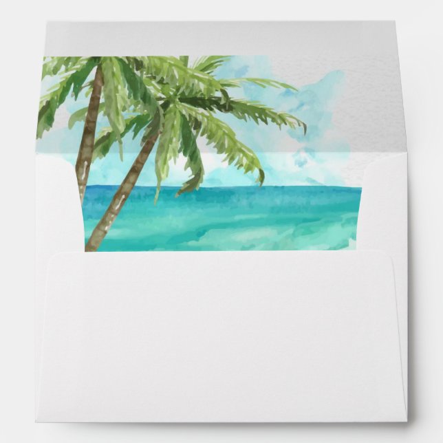 Aquarelle Plage et Palmiers Enveloppe Mariage (Dos (Bas))