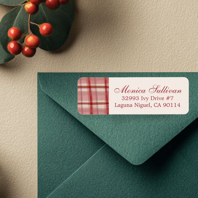 Aquarelle Plaid Noël PERSONNALISÉ Adresse de retou (Watercolor Red Plaid Christmas Holiday CUSTOM Return Address Label
)