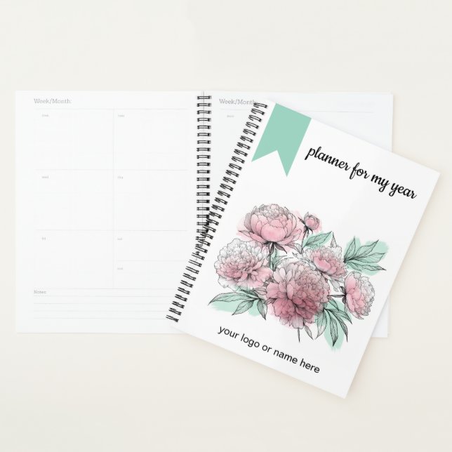 Aquarelle Planner Peonies Avec Contours (Devant avec enveloppe)