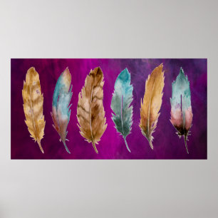 Aquarelle Plumes violet Brown bleu Poster Imprimer