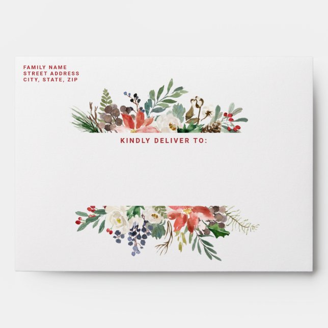 Aquarelle Poinsettia Enveloppe de Noël Floral (Devant)