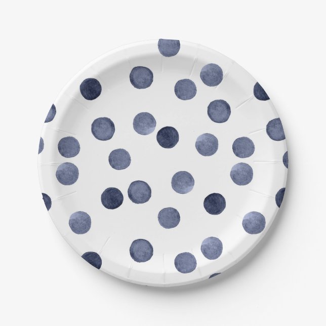 Aquarelle. Point de polka bleu. Assiette en Papier (Devant)