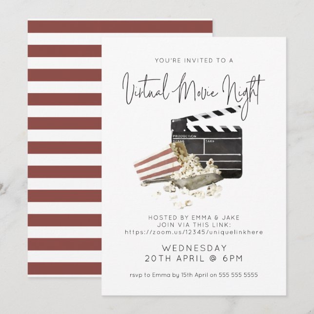 Aquarelle Popcorn Invitation de nuit pour un film  (Devant / Derrière)