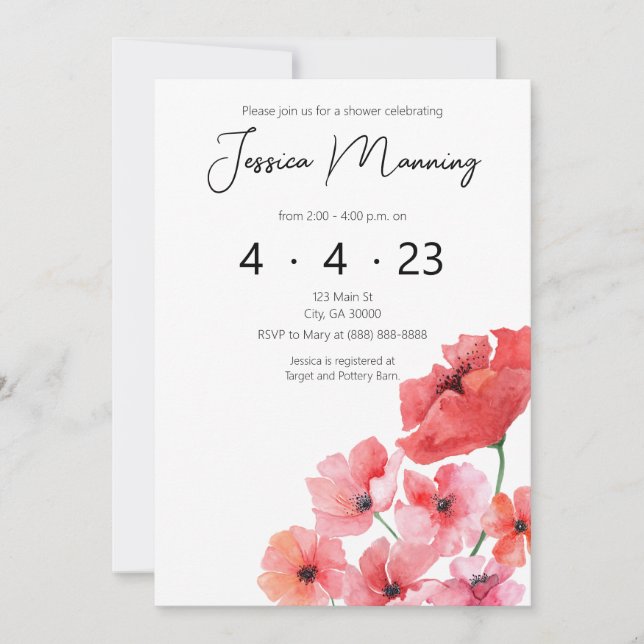 Aquarelle Poppy nuptiale douche Invitation (Devant)
