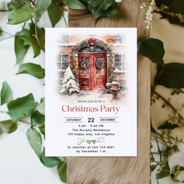 Aquarelle Porte rouge Fête de Noël Invitation (Créateur téléchargé)