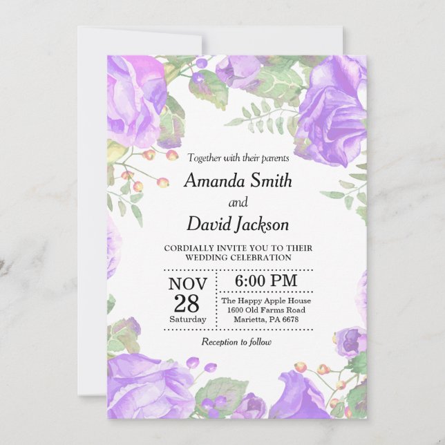 Aquarelle pourpre de faire-part de mariage floral (Devant)