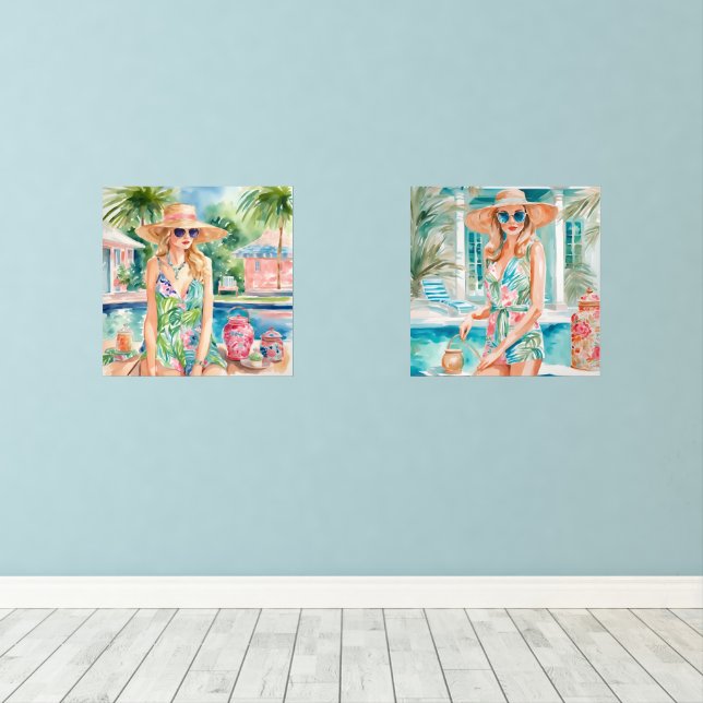 Aquarelle Preppy Palm Beach Girls à la piscine (Parquet)