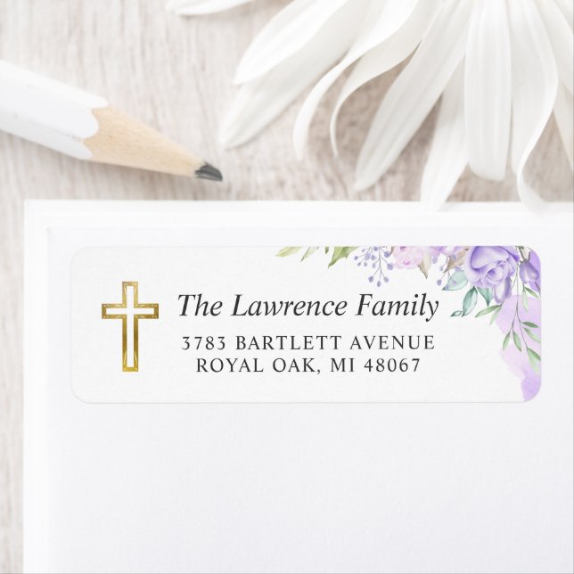 Aquarelle Purple Floral Gold Cross Adresse de reto (En situation)
