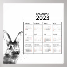 Aquarelle Rabbit Année Calendrier Poster 2023