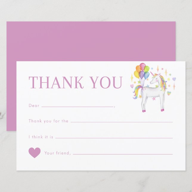 Aquarelle Rainbow Unicorn Carte de remerciements d (Devant / Derrière)