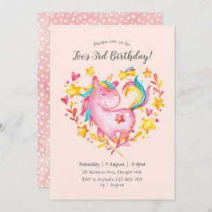Aquarelle Rainbow Unicorn Invitation d'anniversair