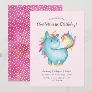 Aquarelle Rainbow Unicorn Invitation d'anniversair