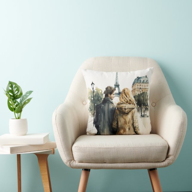 Aquarelle Romance à Paris Couples Lancer Oreiller (Chaise)