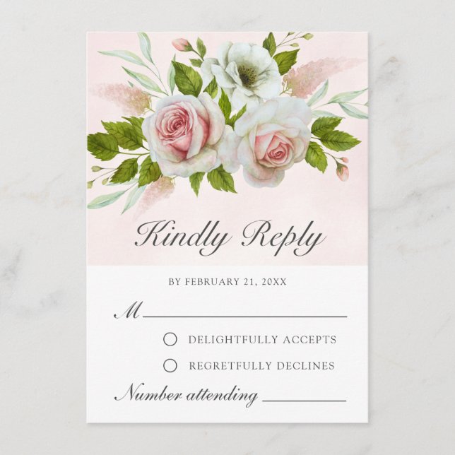 Aquarelle romantique rose Roses blanches carte RSV (Devant)