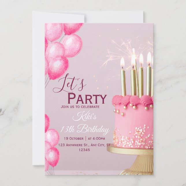 Aquarelle rose 13e anniversaire Invitation (Devant)