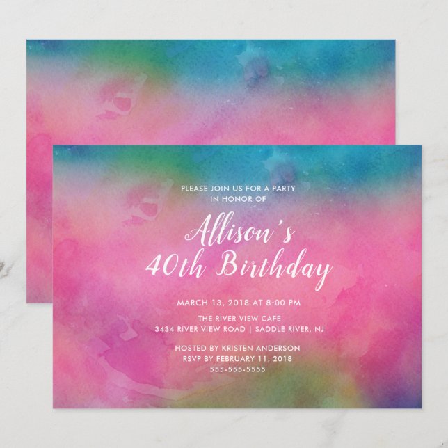 Aquarelle rose 40e anniversaire Invitation de fête (Devant / Derrière)