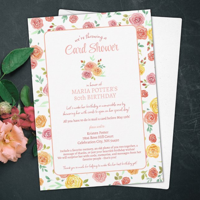 Aquarelle Rose 80e carte d'anniversaire Douche (Créateur téléchargé)