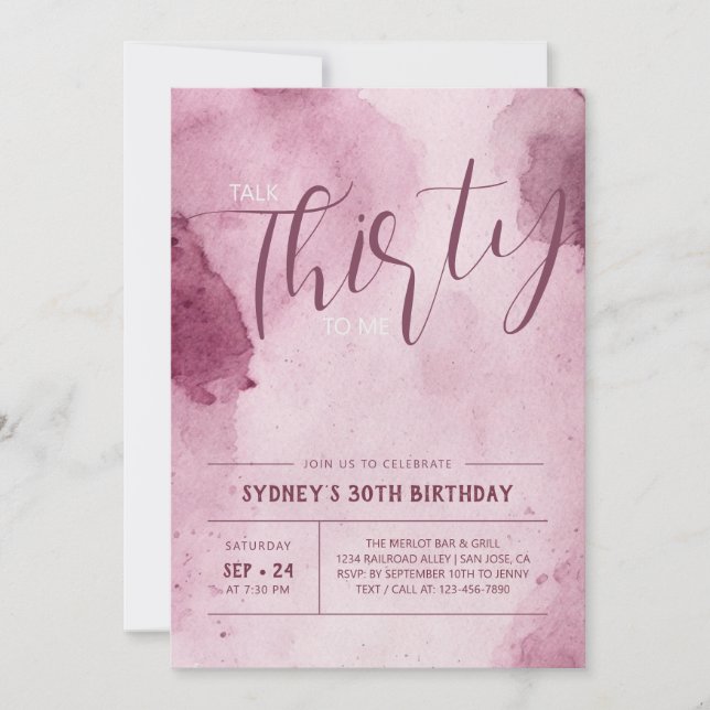 Aquarelle rose Abstrait Invitation de 30e annivers (Devant)